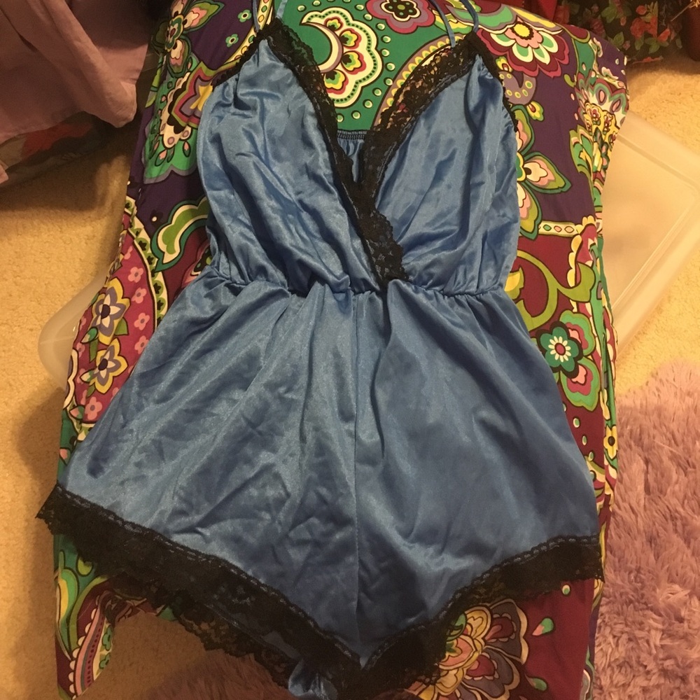 VTG Victoria's Secret Blue Satin Romper Chemise with Black Lace Trim